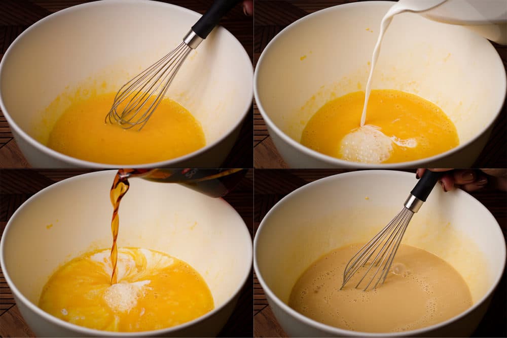 Four photos showing the first few steps to making a pumpkin pie: whisking the eggs, pouring in the half and half and maple syrup, and stirring until smooth.