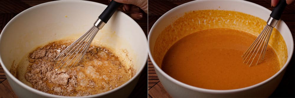 Two photos showing how you mix the dry ingredients and pumpkin into the batter for maple pumpkin pie.