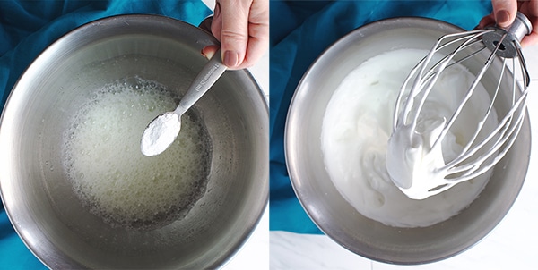 Two pictures showing the correct consistancy of beaten egg whites.