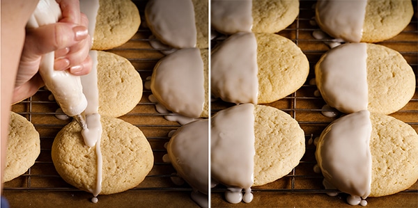 Covering Black and White Cookies with Vanilla Fondant.