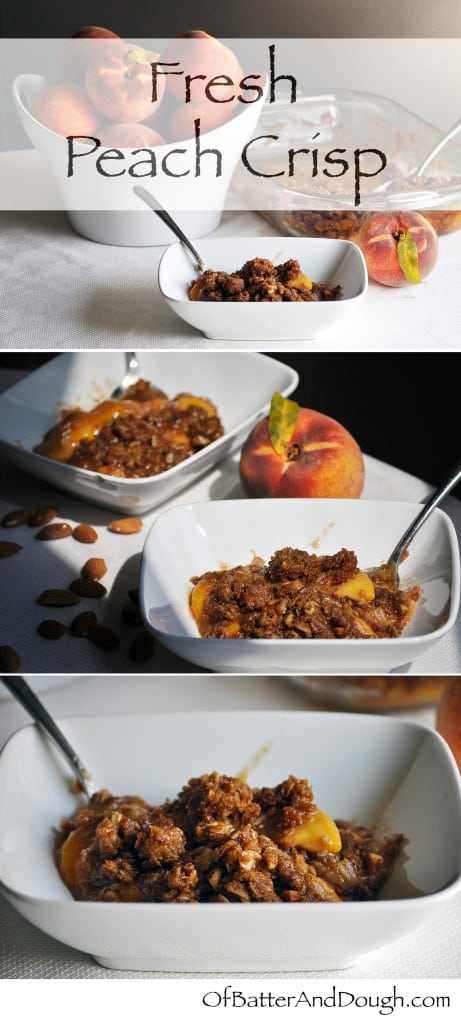 Fresh Peach Crisp Recipe. Fresh peaches topped with a buttery brown almond streusel. | OfBatterAndDough.com