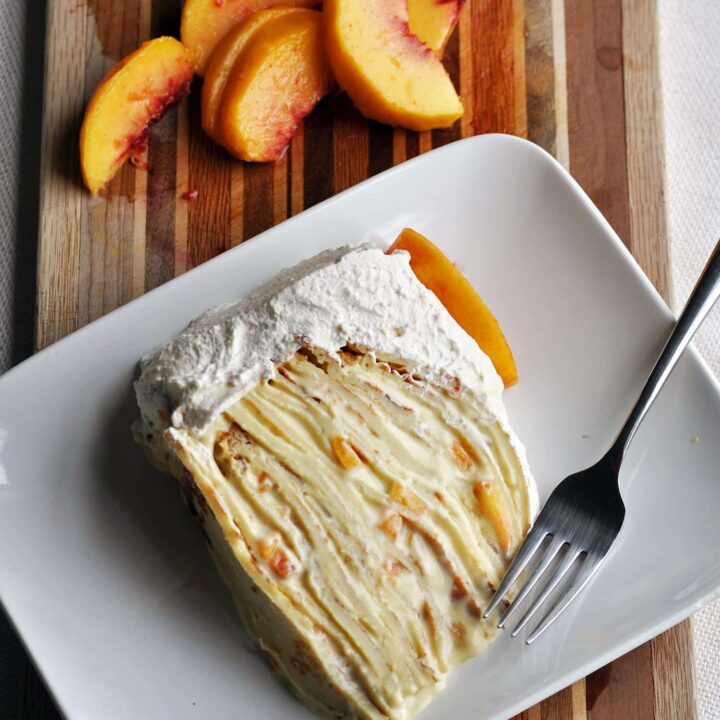 Peaches and Cream Crepe Cake | OfBatterandDough.com