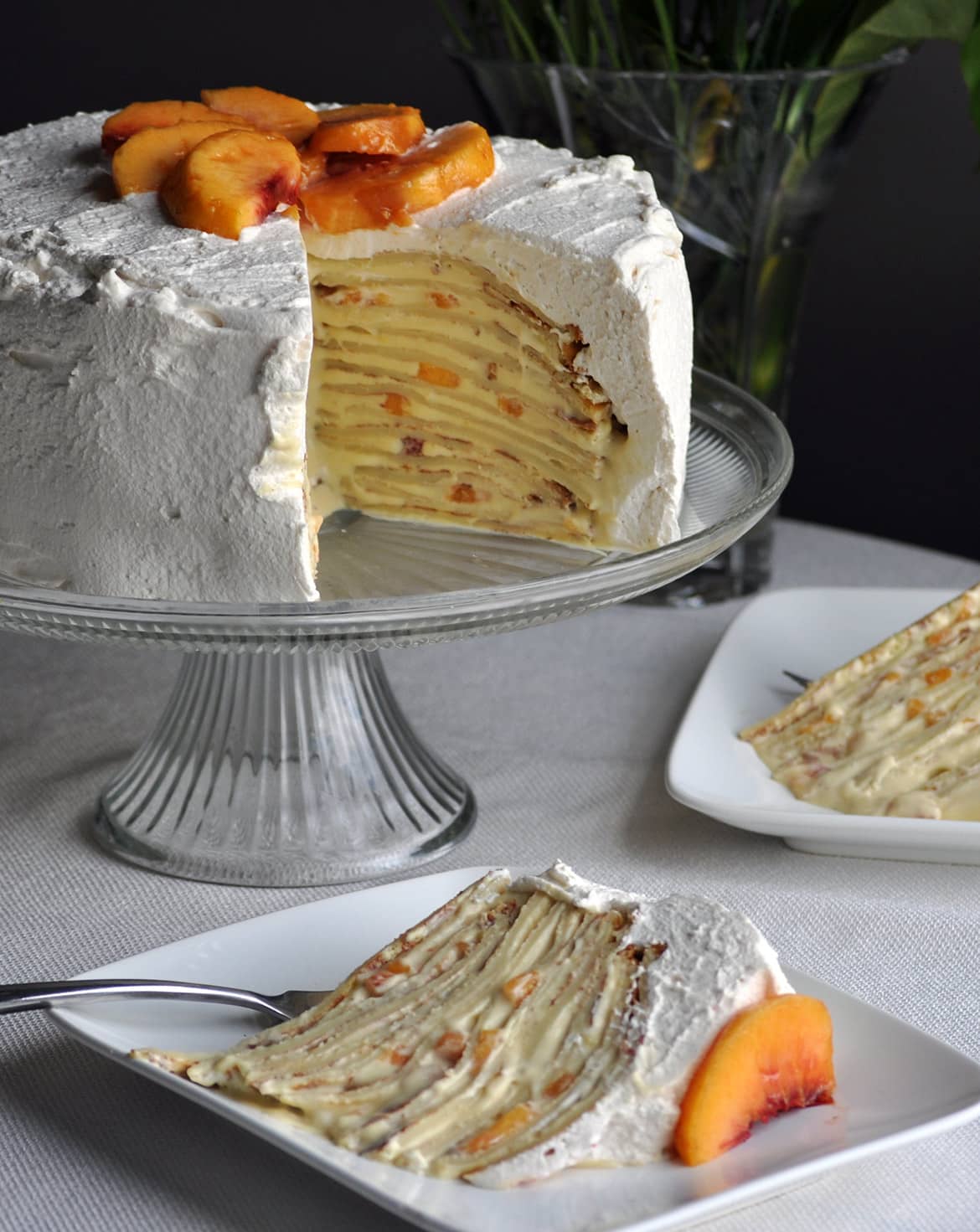 Peaches and Cream Crepe Cake | OfBatterandDough.com