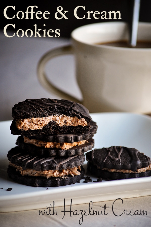 A stack of coffee and cream hazelnut mocha sandwich cookies on a plate.