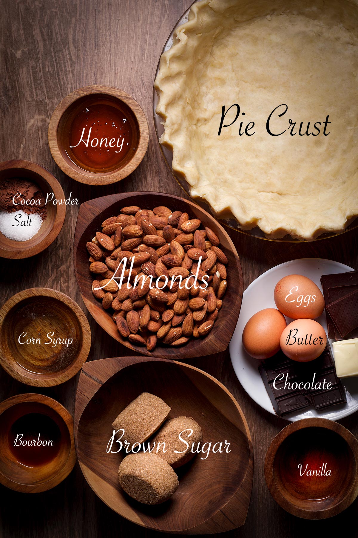 All the ingredients needed to make a chocolate almond pie.