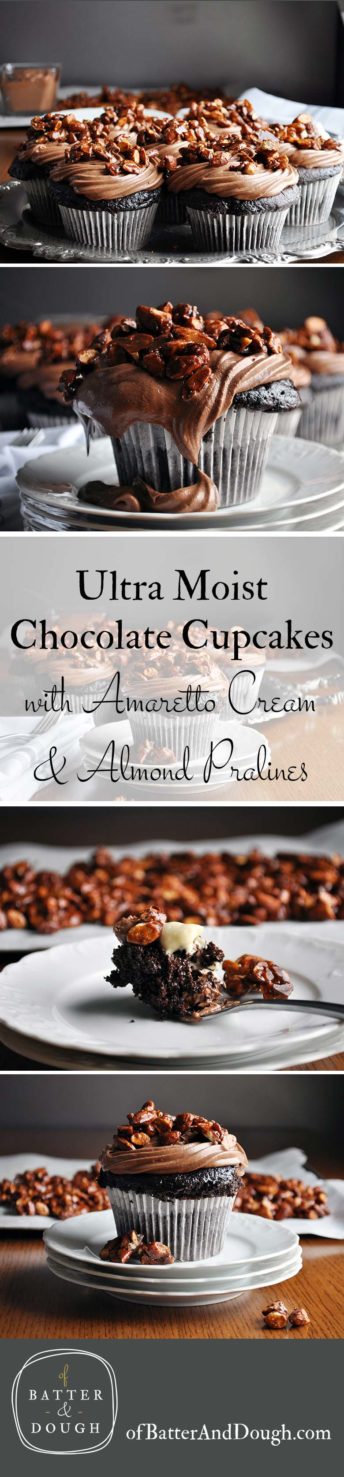 Best chocolate cupcake recipe | ultra moist chocolate cupcake recipe with amaretto pastry cream and almond pralines | ofbatteranddough.com