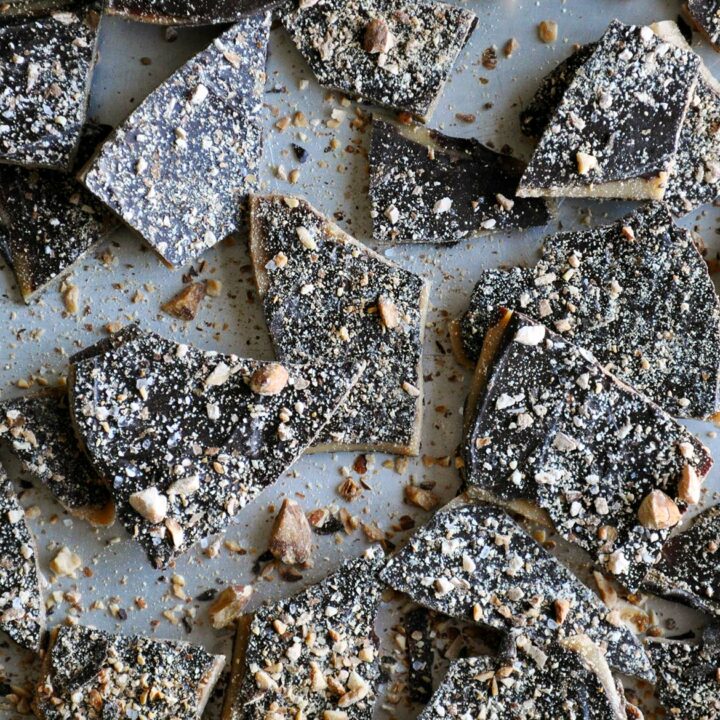 Toffee | Homemade English toffee recipe with chocolate and almonds | ofbatteranddough.com