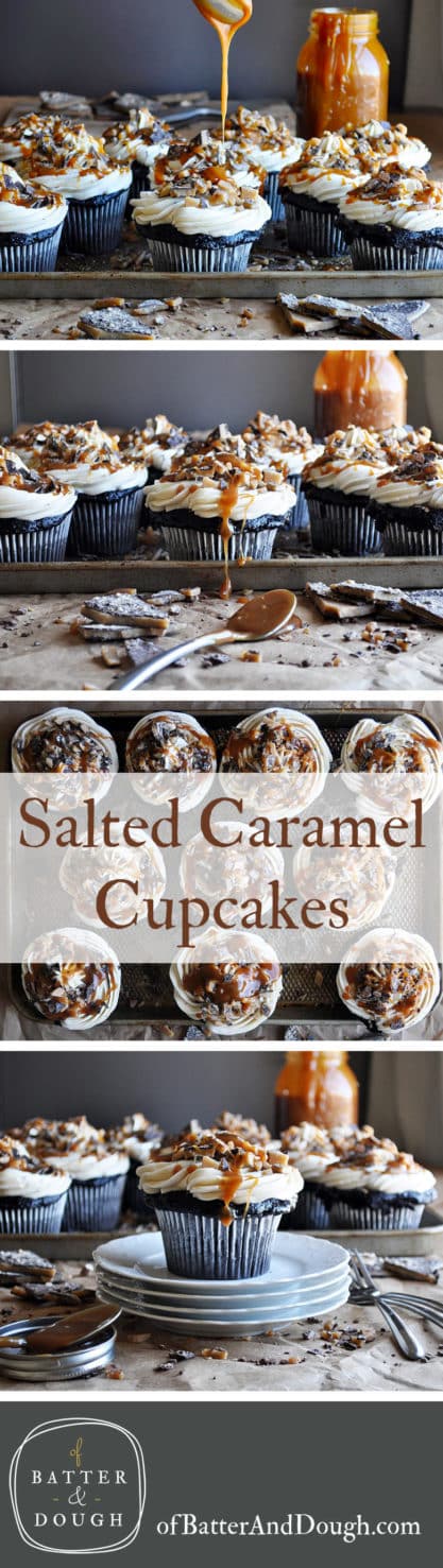 Salted Caramel Cupcakes | Chocolate Salted Caramel Cupcake Recipe | ofbatteranddough.com