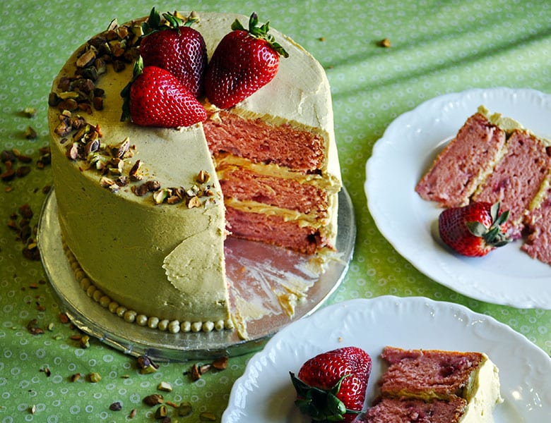 The Best fresh Strawberry Cake with Pistachio Buttercream | ofbatteranddough.com