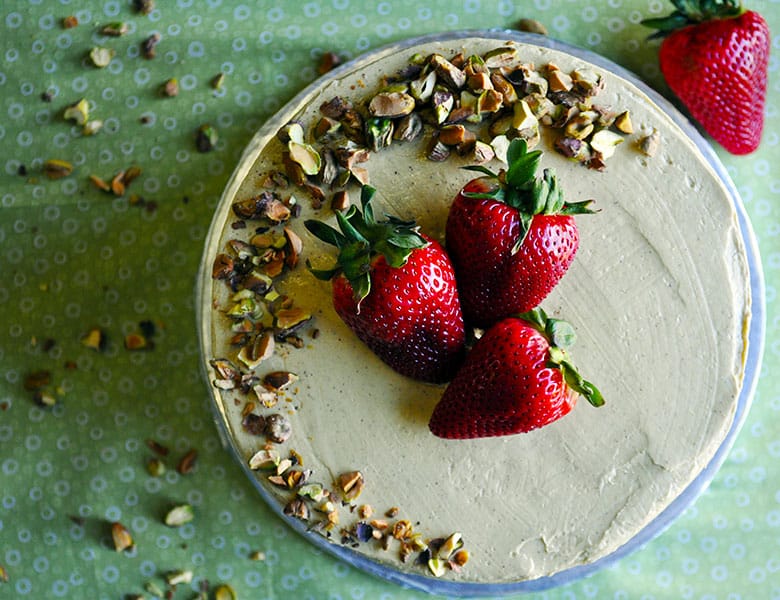 The Best fresh Strawberry Cake with Pistachio Buttercream | ofbatteranddough.com
