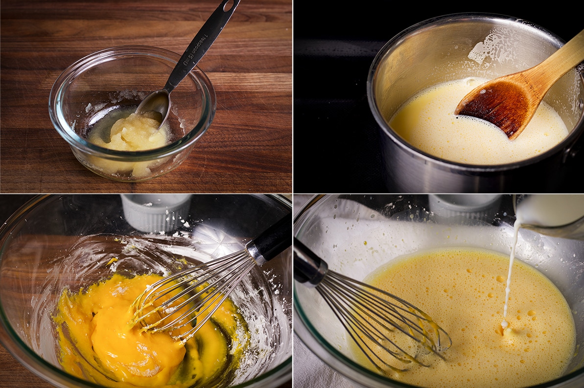 Four photos showing how to make pasty cream. The first shows dissolving gelatin in water. The second shows staring milk and sugar in a saucepan. The third shows whisking egg yolks in a glass bowl. The fourth shows pouring hot milk into the egg yolks while whisking.