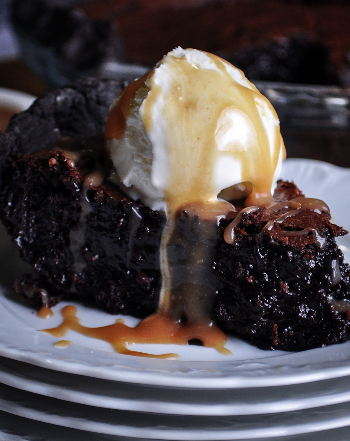 Chocolate Brownie Pie with vanilla ice cream and butterscotch sauce.