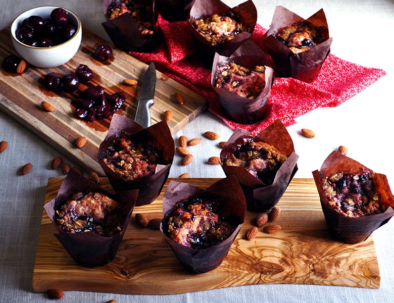 Cherry Almond Muffins with Streusel | ofbatteranddough.com