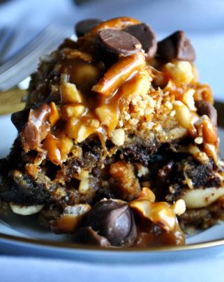 8 layer chocolate peanut butter brownie bars reduced sugar | ofbatteranddough.com