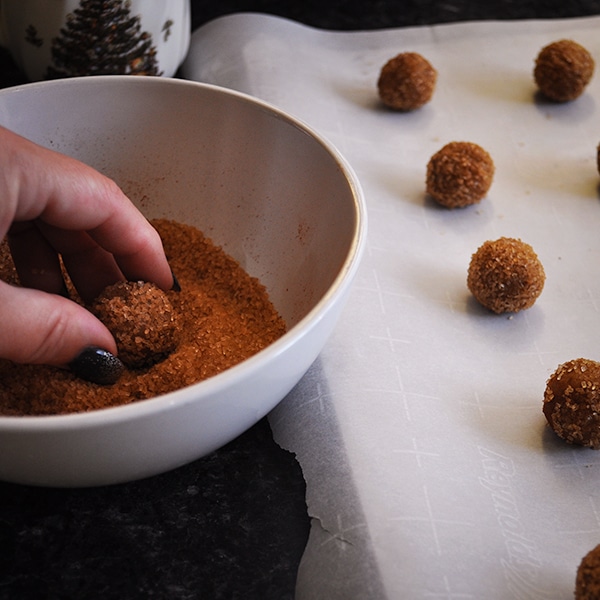 Rolling balls of ginger snap cookie dough in cinnamon and sugar before baking.