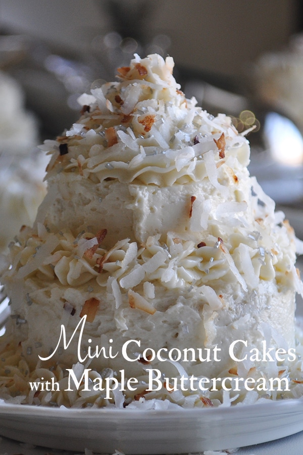 A mini Coconut Layer Cake frosted with Maple Italian Meringue Buttercream.
