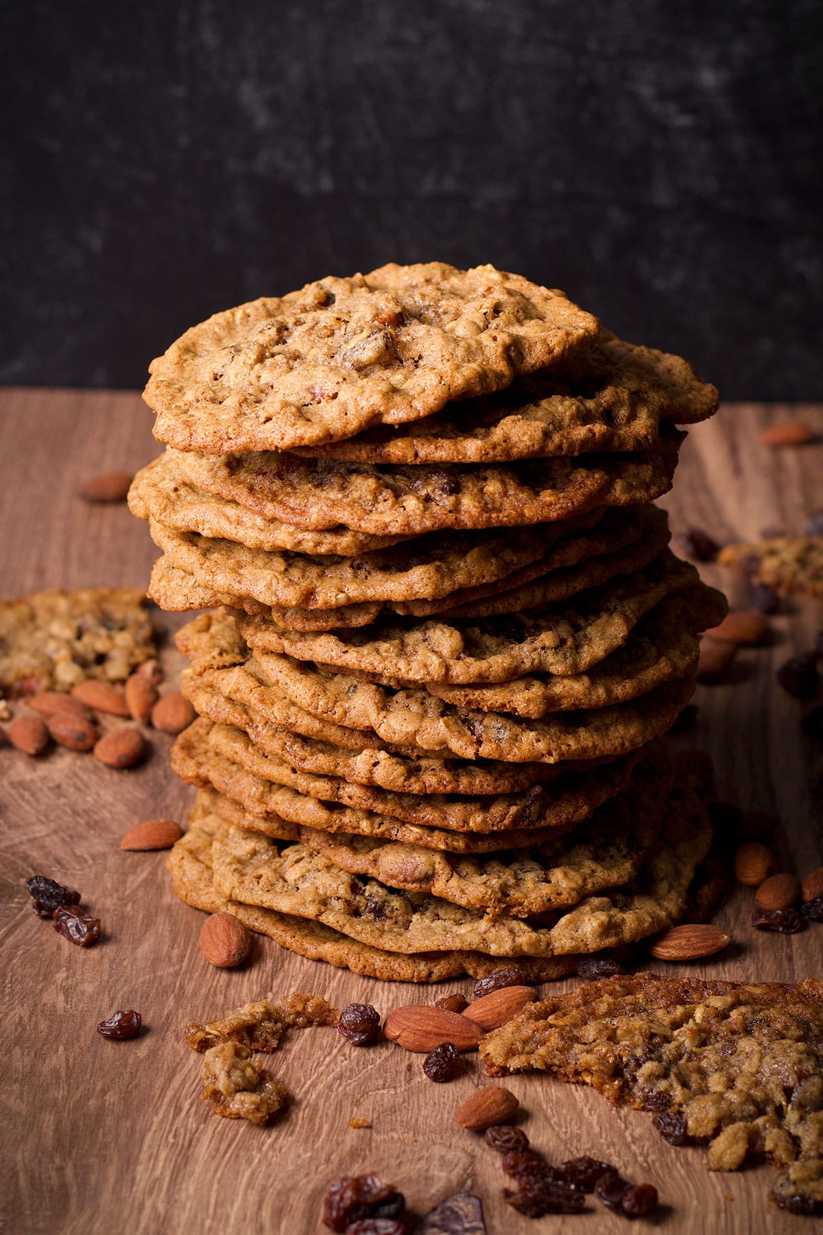A stack of big oatmeal raisin cookies.