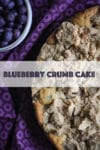 A freshly baked blueberry crumb cake on a table with a purple cloth napkin and a bowl of blueberries nearby.