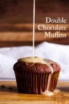 Pouring vanilla glaze over a chocolate muffin.