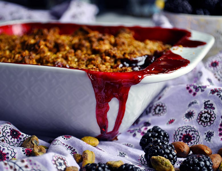 Blackberry Crisp with Cardamom, Almonds, and Pistachios