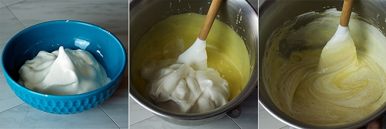 How to fold beaten egg whites into cake batter.