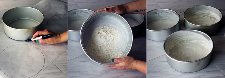 Three photos showing how to grease and flour cake pans.
