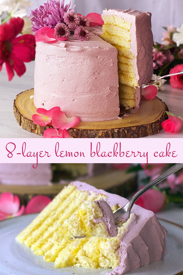 Two photos that show a Lemon Layer Cake with Blackberry Italian Meringue Buttercream. The first photo shows someone using a cake server to lift a slice from the cake and the second photo shows someone using a fork to lift a bite or cake to their mouth.