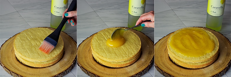 Three photos showing how to brush limoncello over layers of cake and then stack them with lemon curd in-between each layer.