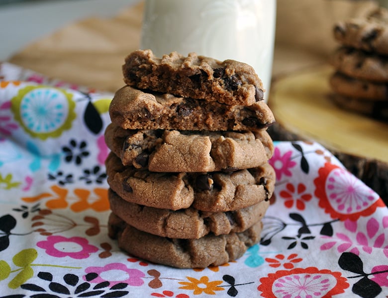A stack of Chocolate Peanut Butter Cookies with chocolate chips