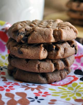 A stack of Peanut Butter Chocolate Chip Cookies made with Nutella.