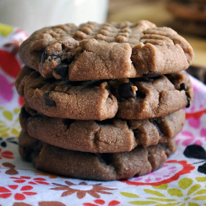 A stack of Peanut Butter Chocolate Chip Cookies made with Nutella.