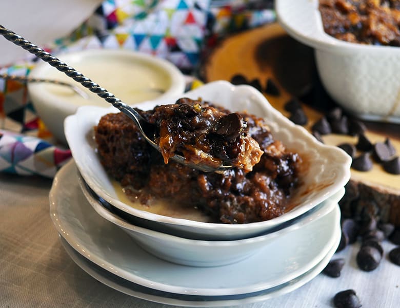 A spoonful of sourdough chocolate banana bread pudding.