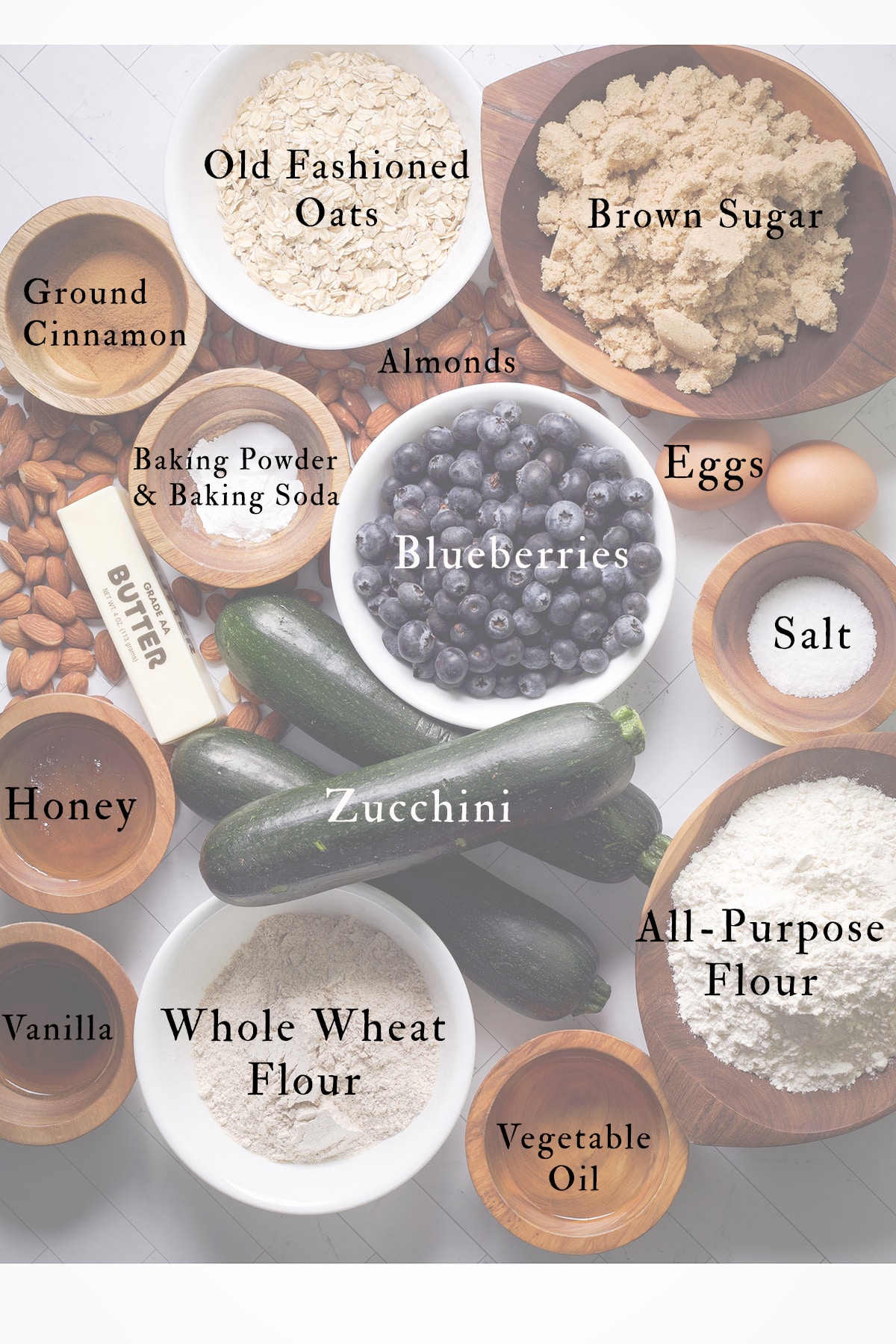 All of the ingredients needed to make Zucchini Blueberry Muffins.