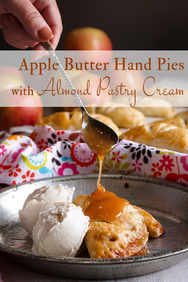Drizzling caramel sauce over apple butter hand pies.