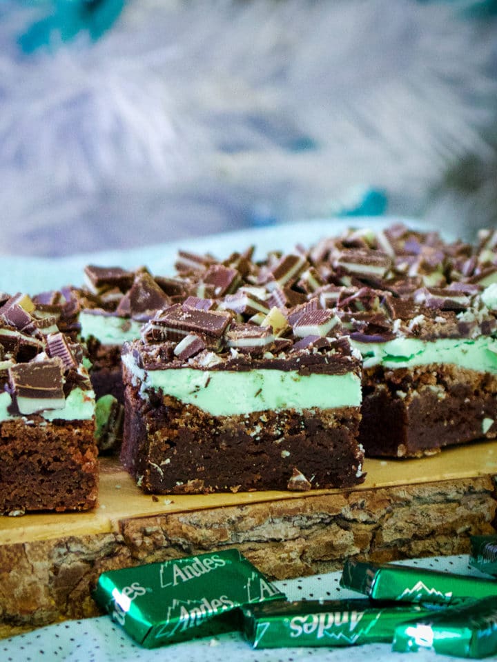 A tray of Chocolate Mint Brownies, cut into slices and ready to eat.