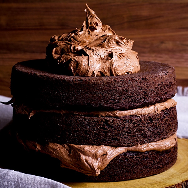 A three layer Devil's Food Cake frosted with Chocolate Buttercream