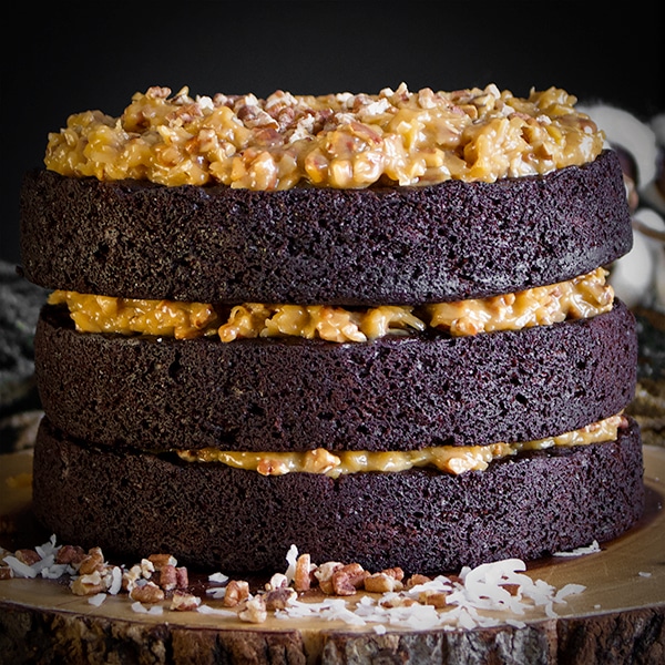 A three layer German Chocolate Cake made with Devil's Food Cake and caramel filling with toasted pecans and coconut.