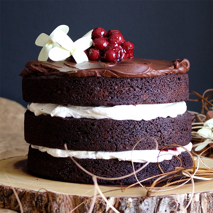 Black Forest Cake made with layers of Devil's Food Cake, whipped cream and cherries.