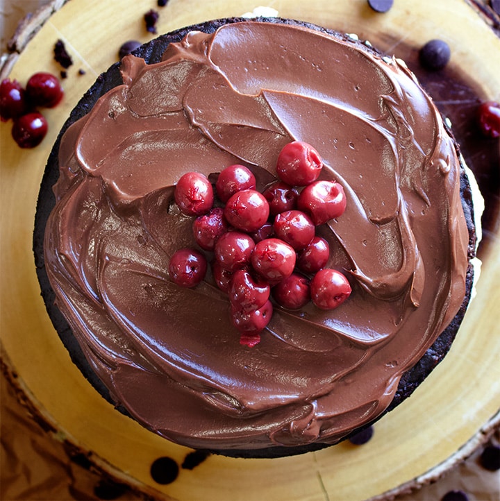 Black Forest Cake made with layers of Devil's Food Cake, whipped cream and cherries.