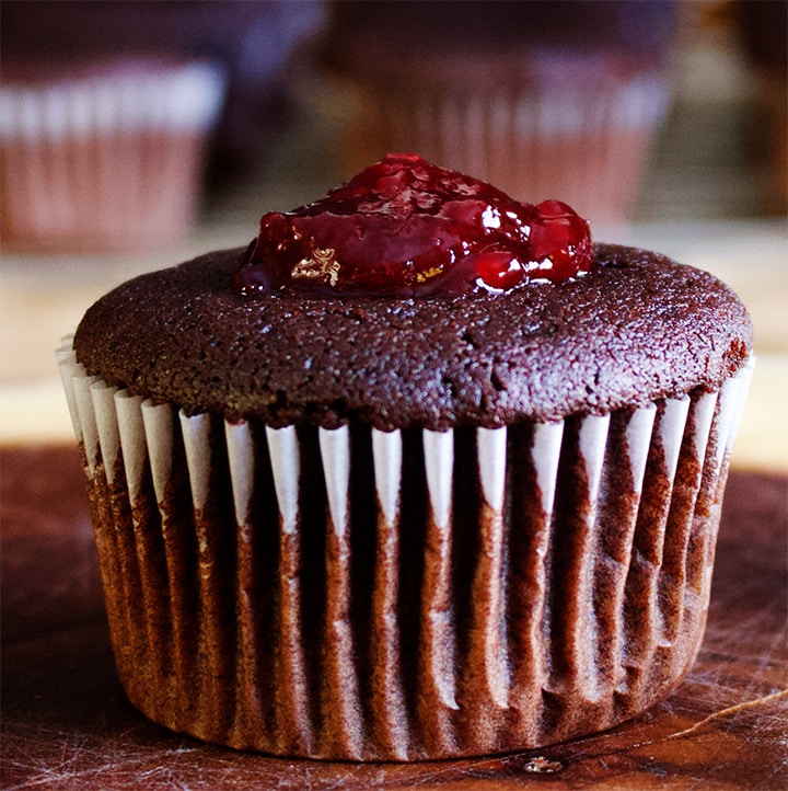 A Black Forest Cupcake made with Devil's Food cake and filled with Cherry preserves.