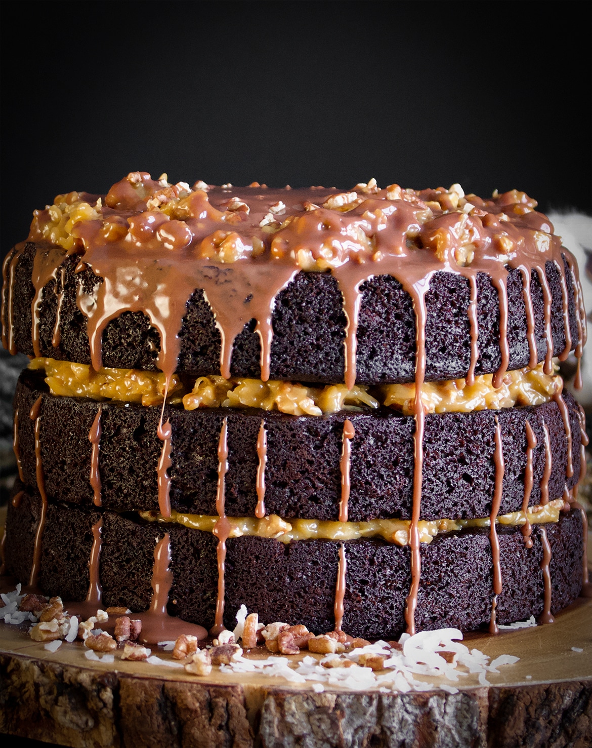 A three layer German Chocolate Cake made with Devil's Food Cake and topped with Chocolate Ganache.