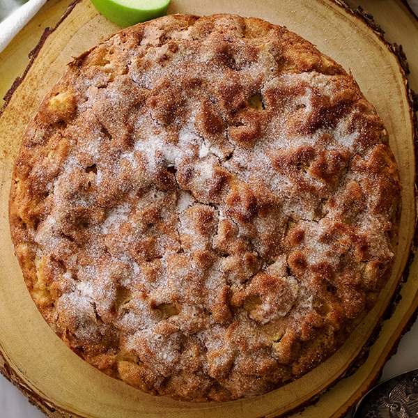 A top-down look at Irish Apple Cake with a crunchy sugary top