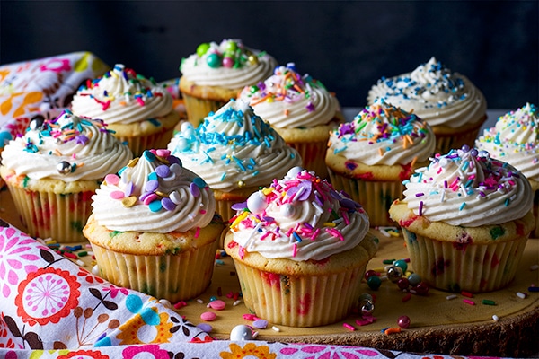 A tray of Funfetti Cupcakes with Classic American Buttercream