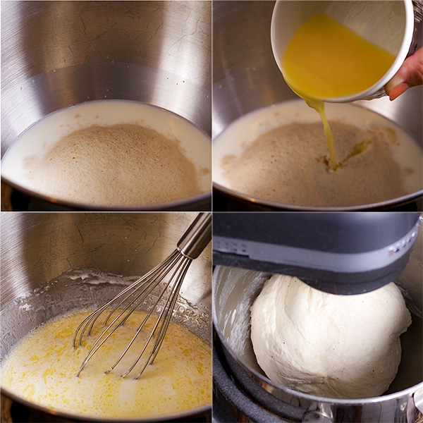 Step by step pictures showing mixing the ingredients for bread dough.