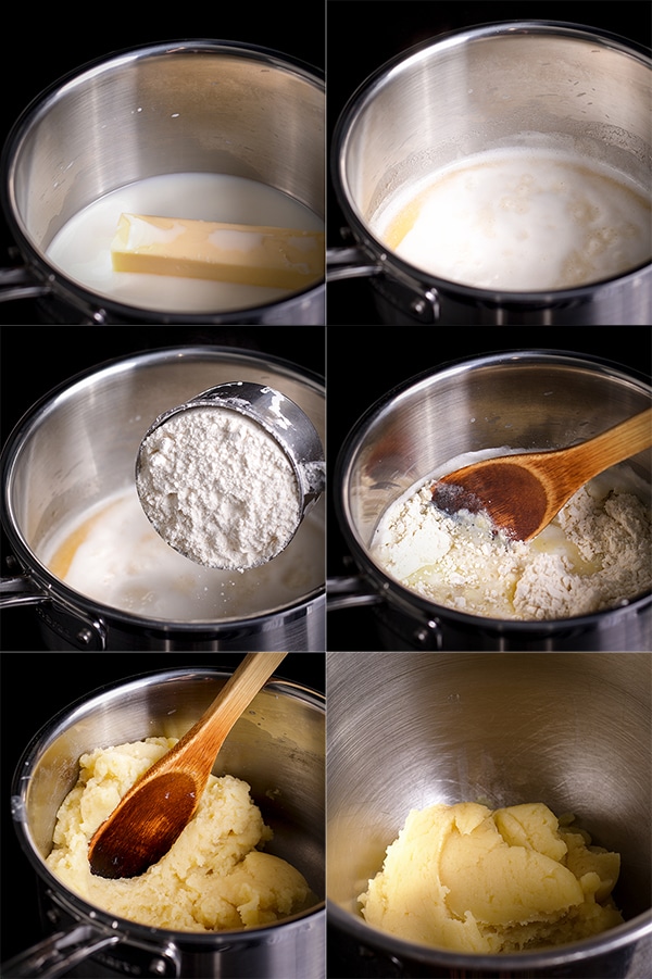 Six photos that show how to make choux pastry: Heat butter and milk in a sauce pan, bring it to a boil and then add flour. Cook and stir until it forms a dough.