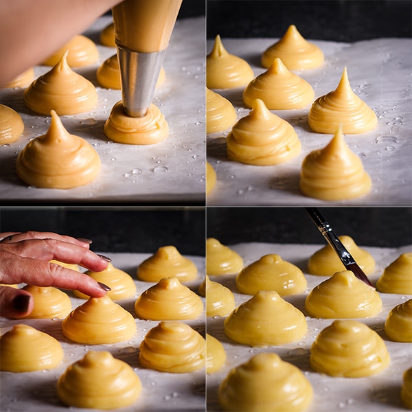 Four photos showing how to pipe choux paste onto a baking sheet to make profiteroles.