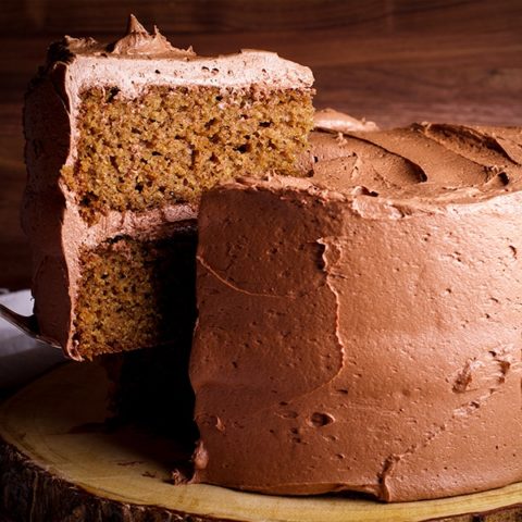 Serving a slice of Spice Cake with Chocolate Buttercream.