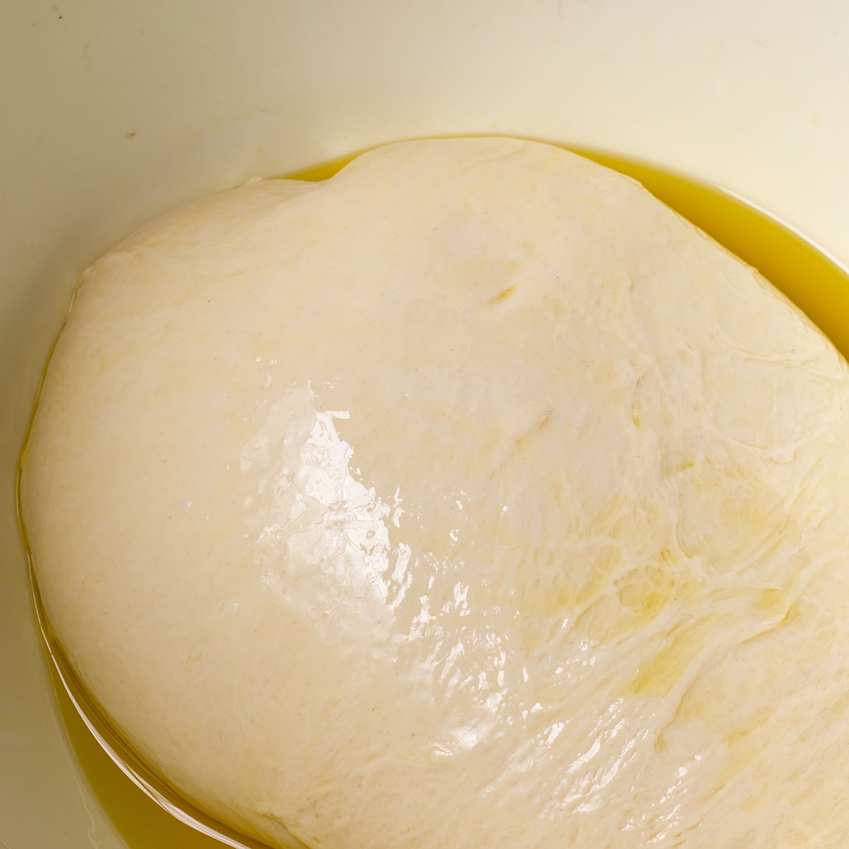 Pizza dough coated with olive oil inside a mixing bowl.