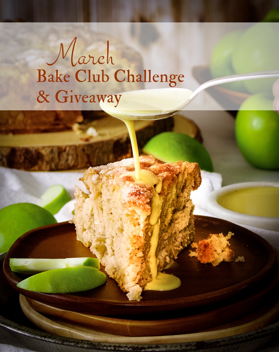 The March Bake Club Challenge recipe is Irish Apple Cake with Custard Sauce.