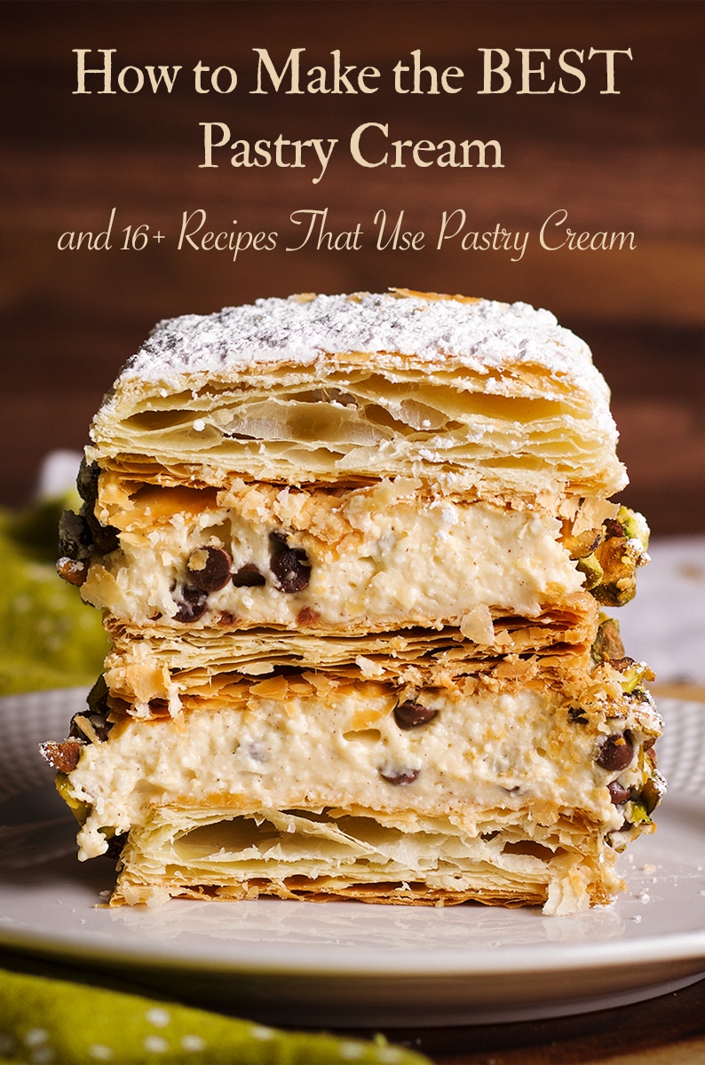 A slice of Cannoli Napoleon that's been filled with thick layers of pastry cream.